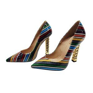 FSJ Rainbow Striped Pointed Pumps with Gold Chain Block Heel